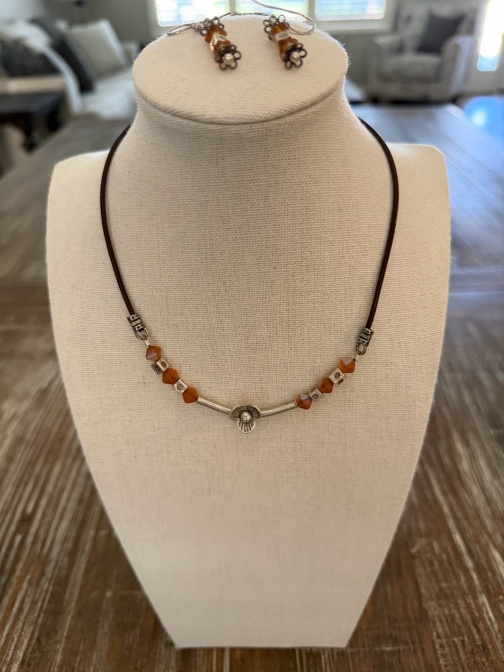 Handcrafted Amber-Brown Bead Leather Cord Necklace with Matching Earrings